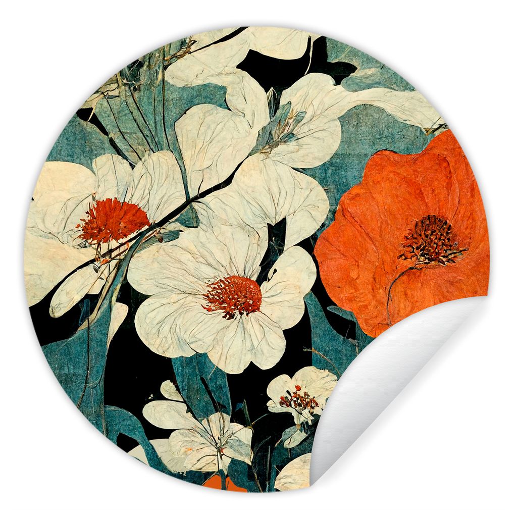 MuchoWow Runde Wandtattoo - Wandsticker Tapete Aufkleber Blumen - Pflanzen - Vintage - Asien - Orange Ø 50 cm Selbstklebend und Repositionierbar...