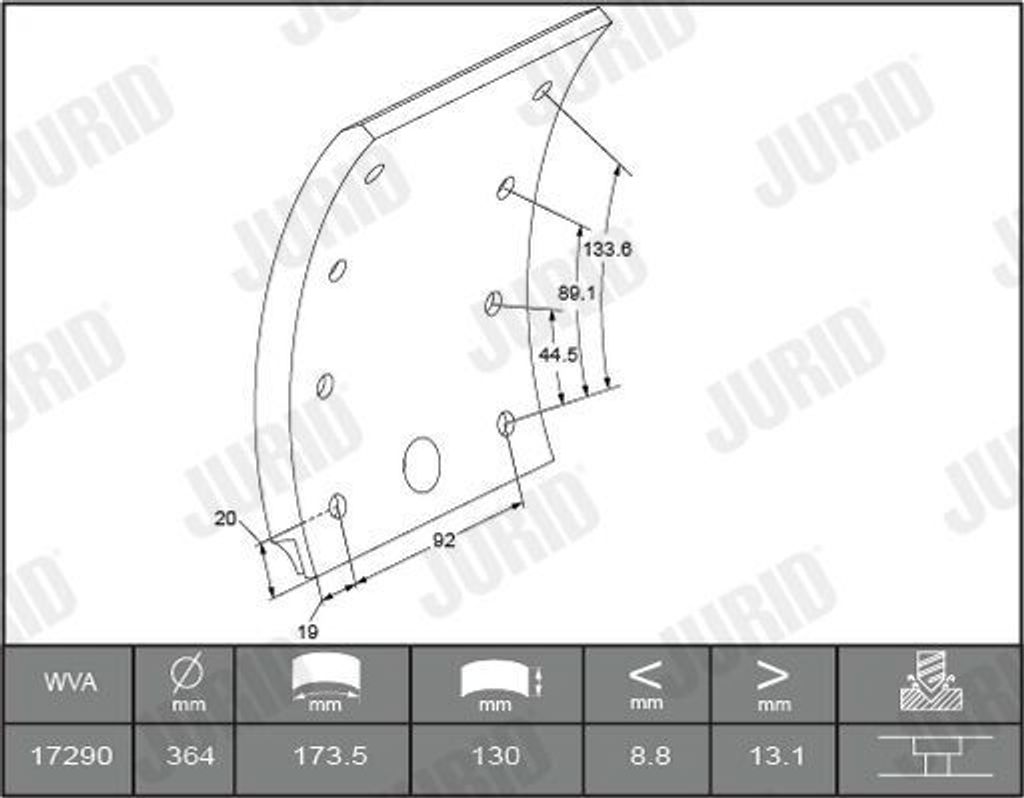 JURID Bremsbelagsatz Trommelbremse 1729035380 passend für MERCEDES-BENZ ATEGO 15,5mm 130mm Schachtel 4,309kg