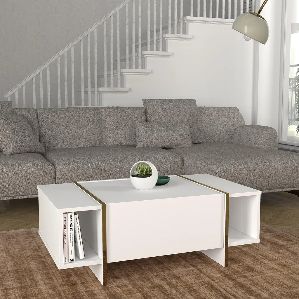 Tavolino da Salotto Tavak Bianco e Oro 104x60 cm | Design con Contenitore