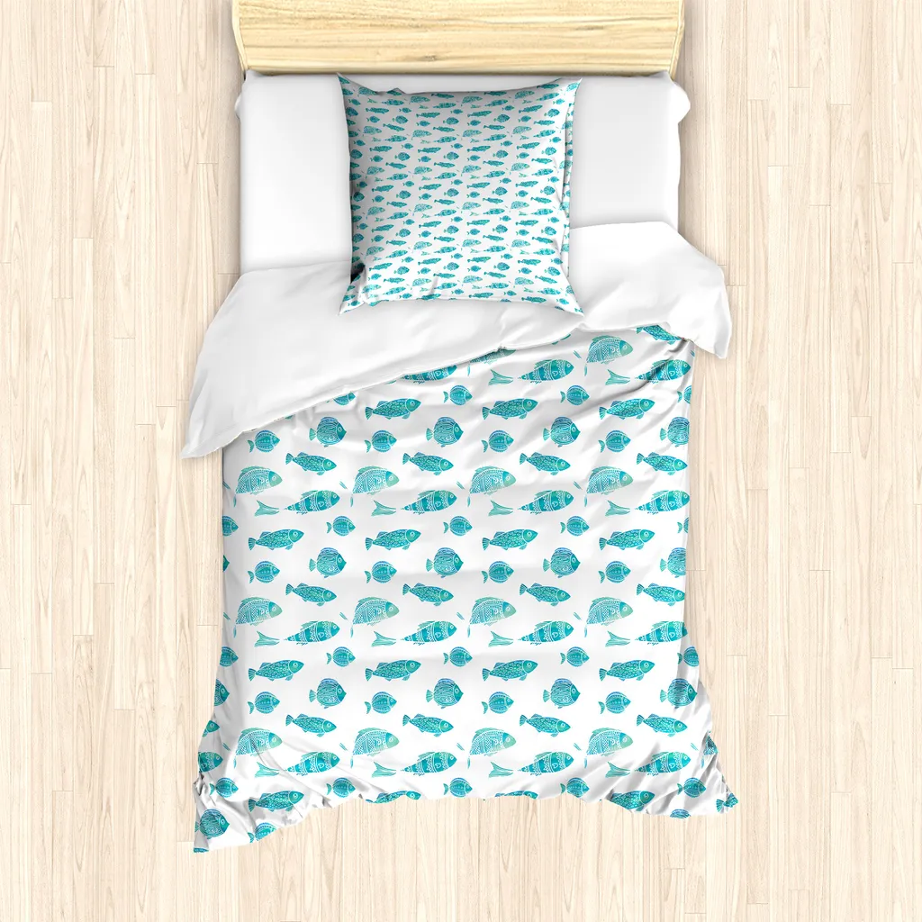 ABAKUHAUS Set copripiumino per letto singolo, disegno artistico "Vita nell'acqua", antiacaro, adatto a chi soffre di allergie, con federa, 135 cm x 200 cm - 80 x 80 cm, verde menta e bianco