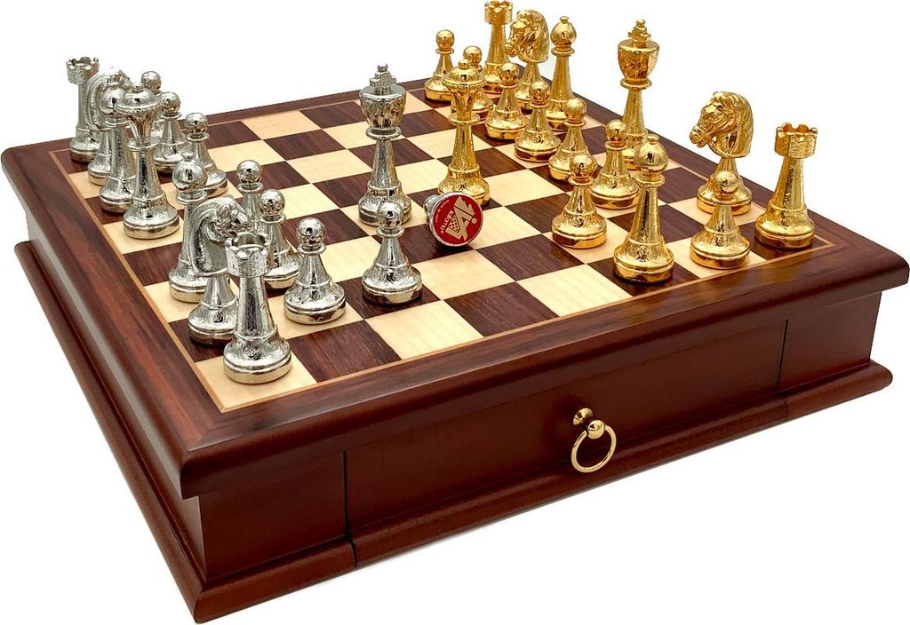 Italienische Schachfiguren Staunton Gold/Silber + Schachbrett Rosenholz 32