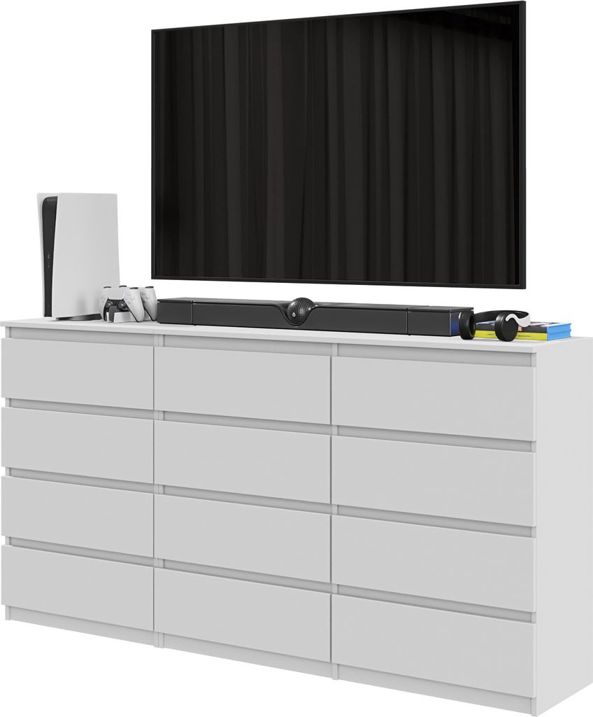 A white dresser with a television and gaming console on top.