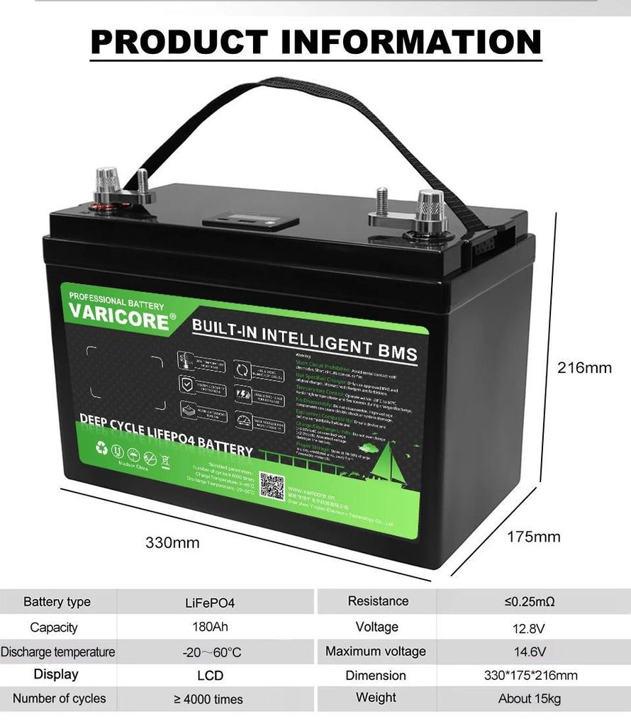LiFePO4 Batterie 12,8V 180Ah - 12V Deep Cycle Akku - LCD Display - Für Solar Wohnmobil Boot Golfcart - 330x220x170mm - Ca. 15kg