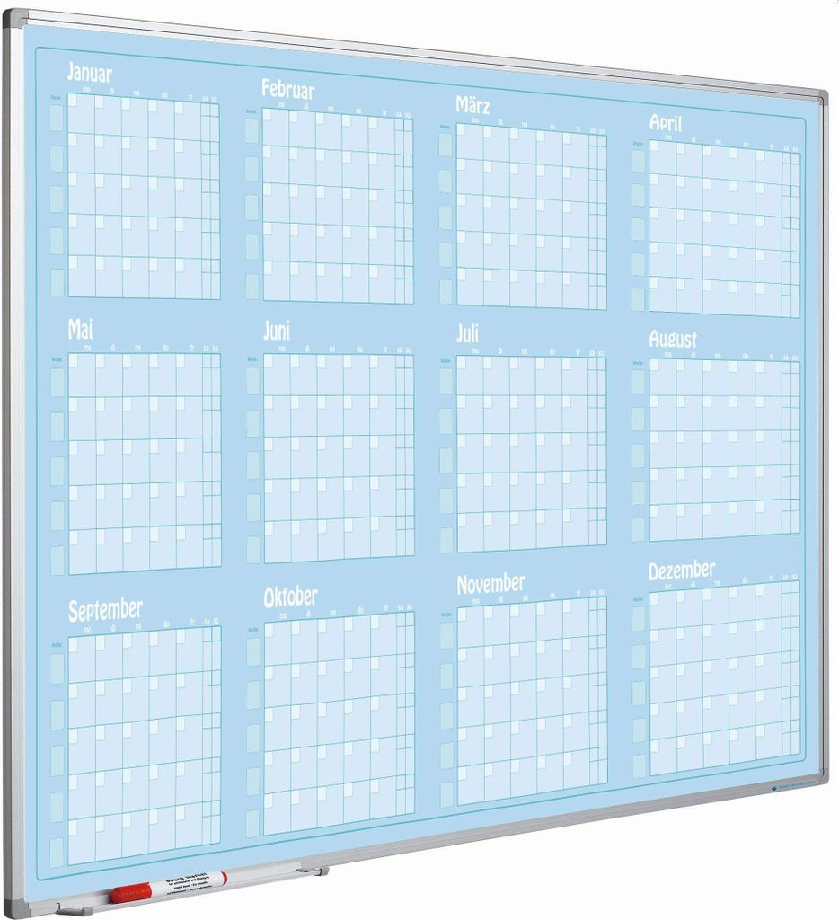 Jahresplaner magnetisches Whiteboard Slim Jan-Dez | HxB 90x120cm | 8mm-Platte | auf Deutsch | inkl. Befestigungsmaterial & Stiftablage | Sublimatio...