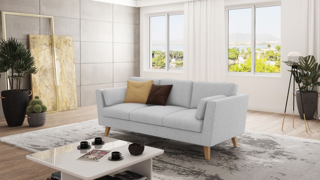 S-STYLE MÖBEL - Sofa 3-Sitzer mit Holzfüßen im skandinavischen Stil Elma aus Silber Luxusmicrofaser, B/T/H: 206 cm/ 89 cm/ 90 cm