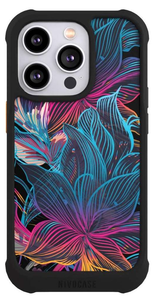 NIVOCASE Hülle für Apple iPhone 14 Pro Stoßfeste Handyhülle NIVOmax Case Schwarz Blumen Neon bunt