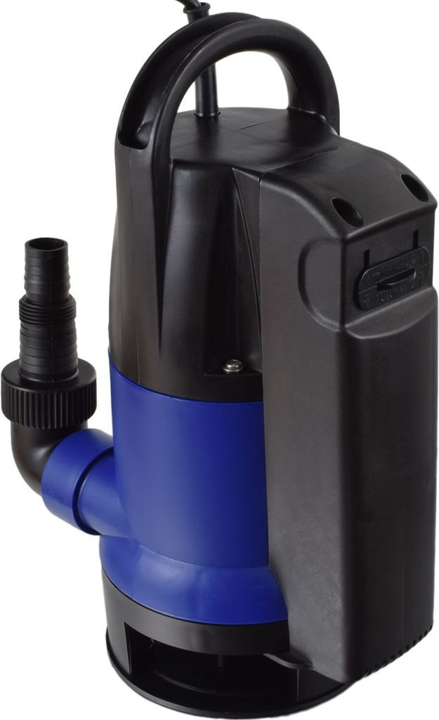 A submersible dirty water pump with a black handle and casing, and a blue body.