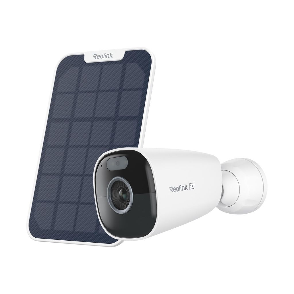 A white Reolink security camera and its solar panel are shown against a white background.