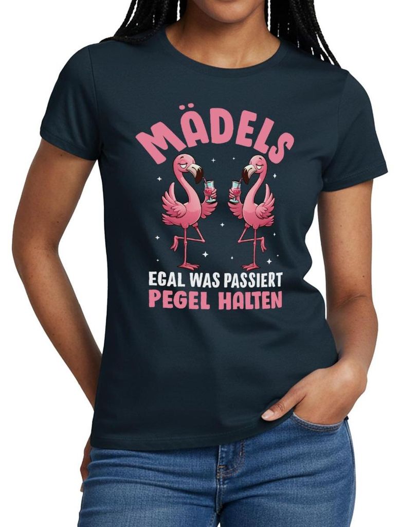 Spreadshirt Mädels Egal Was Passiert Pegel Halten Flamingo Frauen T-Shirt, S, Navy