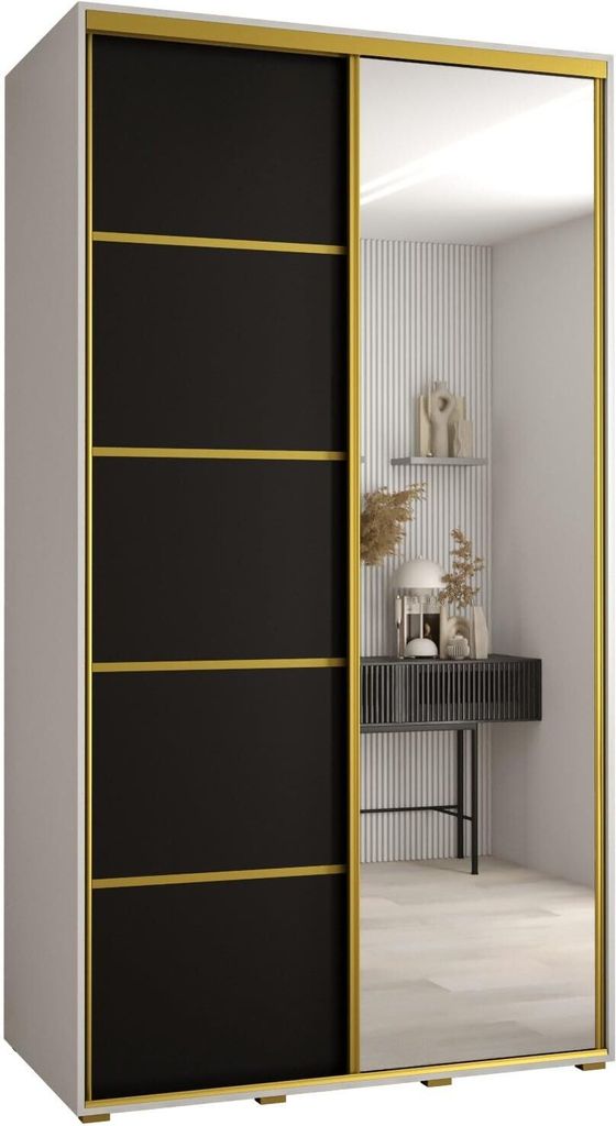 MEBLE KRYSPOL Cannes 5 Schrank mit 2 Schiebetüren - 205,2x130x60 cm - Weiß Schwarz Gold