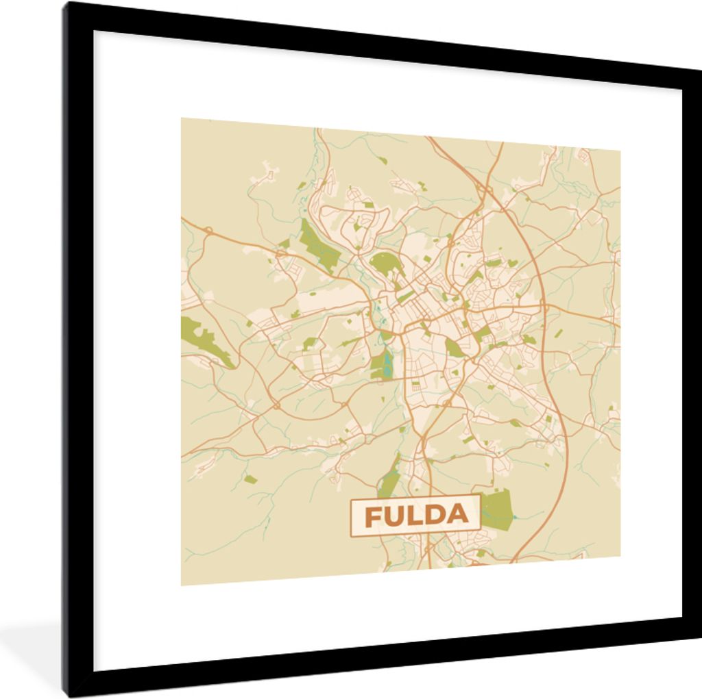 MuchoWow Gerahmtes Poster Karte - Stadtplan - Fulda - Karte - Vintage 40x40 cm - Poster mit Schwarzem Bilderrahmen Wandposter Rahmen Foto Bilder ...