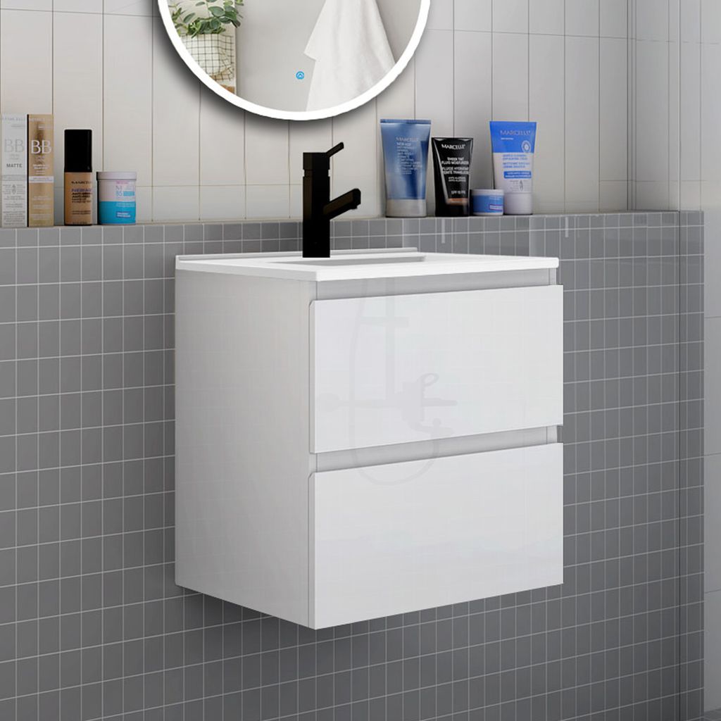Badmöbel Set HUTI-Serie 60cm Dünn Keramik Waschbecken mit Unterschrank Badezimmermöbel mit 2 Schubladen Hochglanz Weiß Hängeschrank