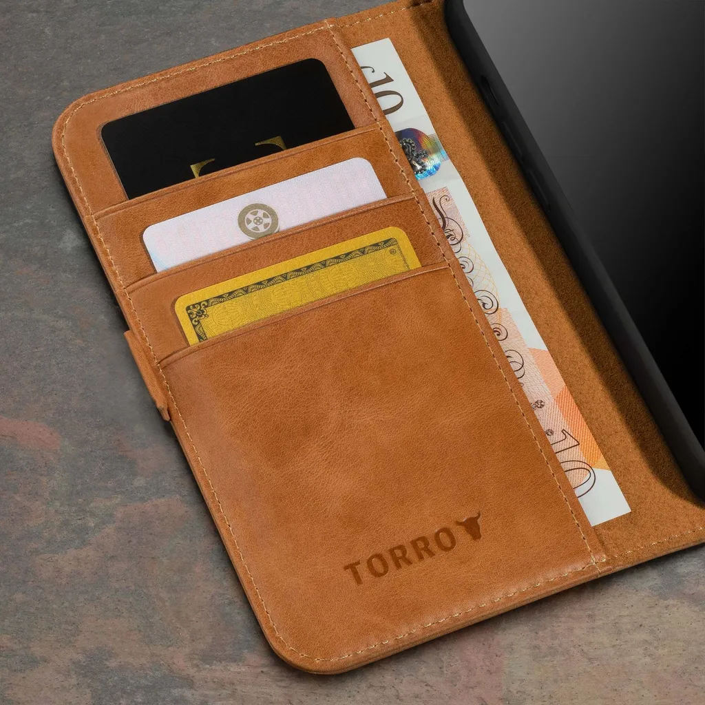 Custodia iPhone 15 TORRO in Pelle Marrone Chiaro - Stand e Portafoglio - 3