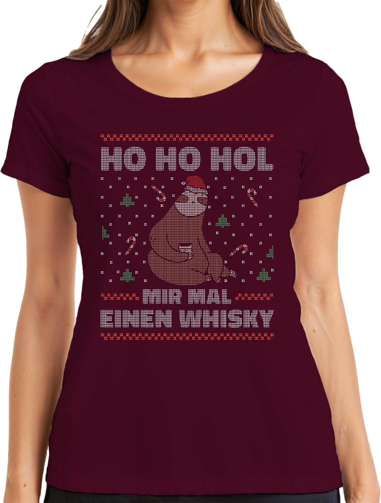Ho Ho Hol mir mal einen Whisky Faultier - Ugly Christmas Sweater Weihnachten Damen T-Shirt, Burgundy, 3XL