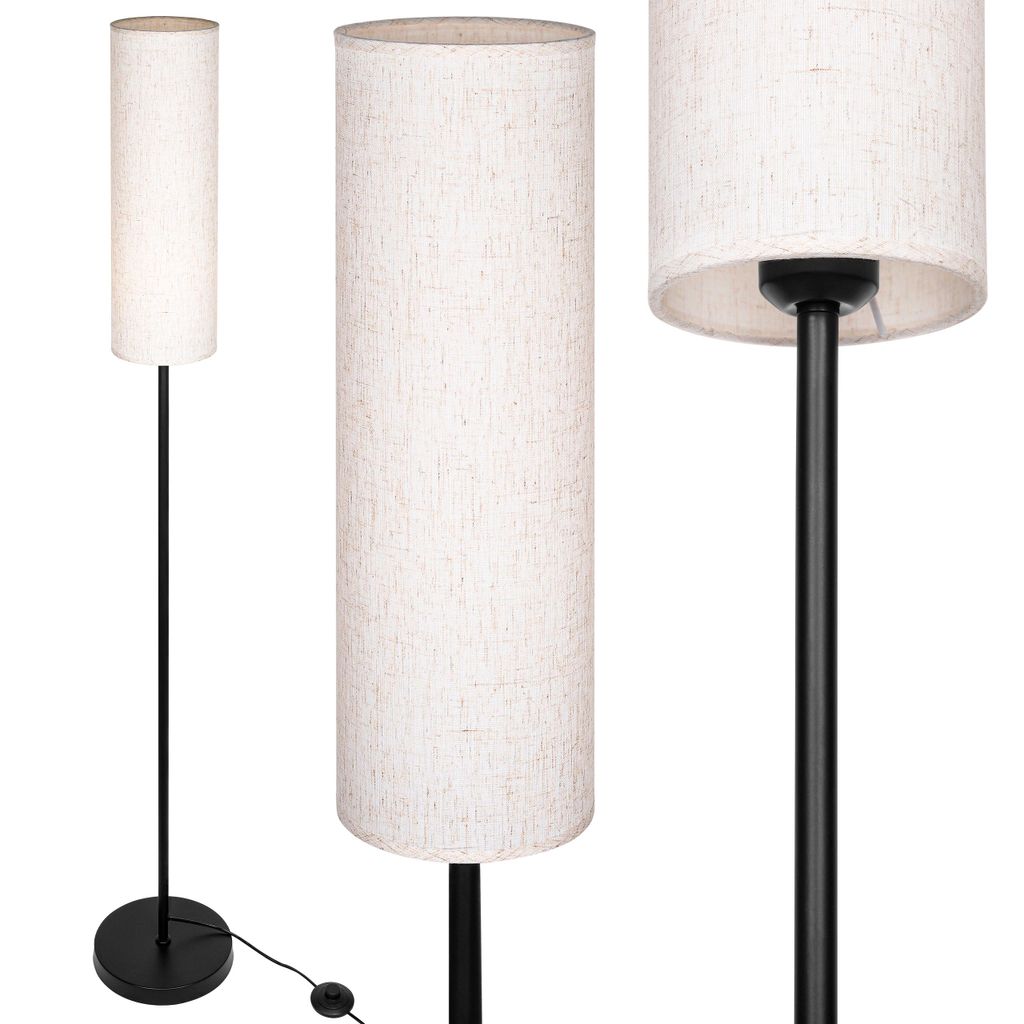 Three views of a tall, cylindrical floor lamp with a white linen-like shade and a black metal stand and base.