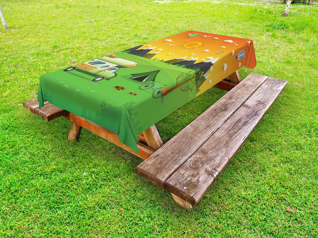 ABAKUHAUS Tovaglia da campeggio per esterni, paesaggio del campeggio del Parco Nazionale della Montagna con roulotte familiare e tenda, multicolore, 145x210 cm