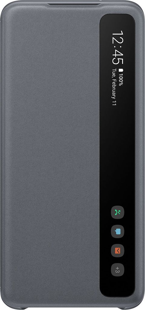 A gray Samsung Galaxy S20 flip case with a transparent window showing the time and date.