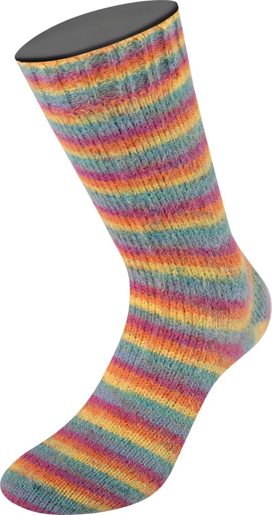 Lana Grossa Meilenweit 100 g COSY SOCKS Multi Stripes 400 m Flauschige Merino-Sockenwolle Farbe 151 - Petrol/Rauchblau/Fuchsia/Orange/Gelb