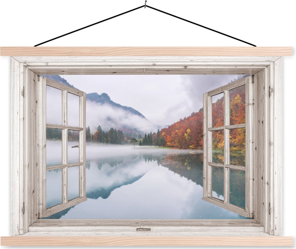 MuchoWow Textilposter Aussicht - Herbst - Wasser 120x80 cm mit holzfarbenen Rahmen - Aufhängeset