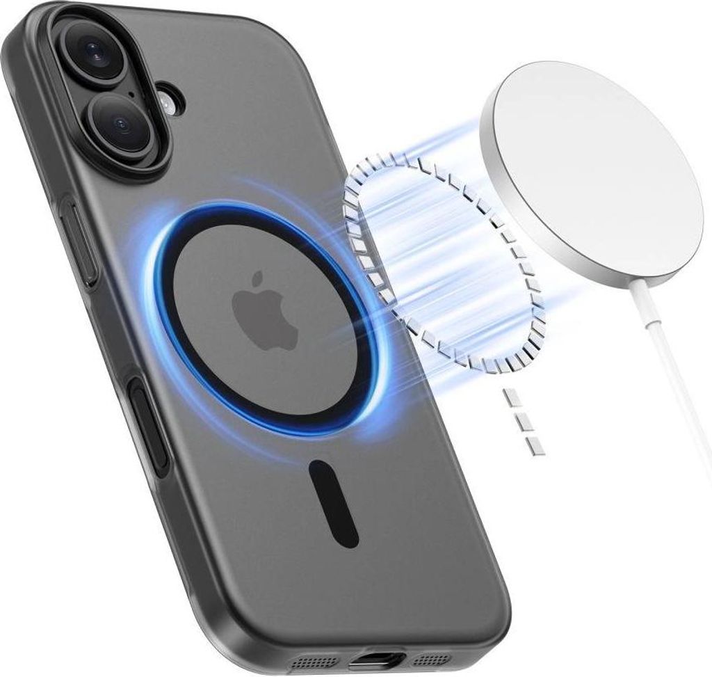 A smartphone case with a magnetic charging accessory.