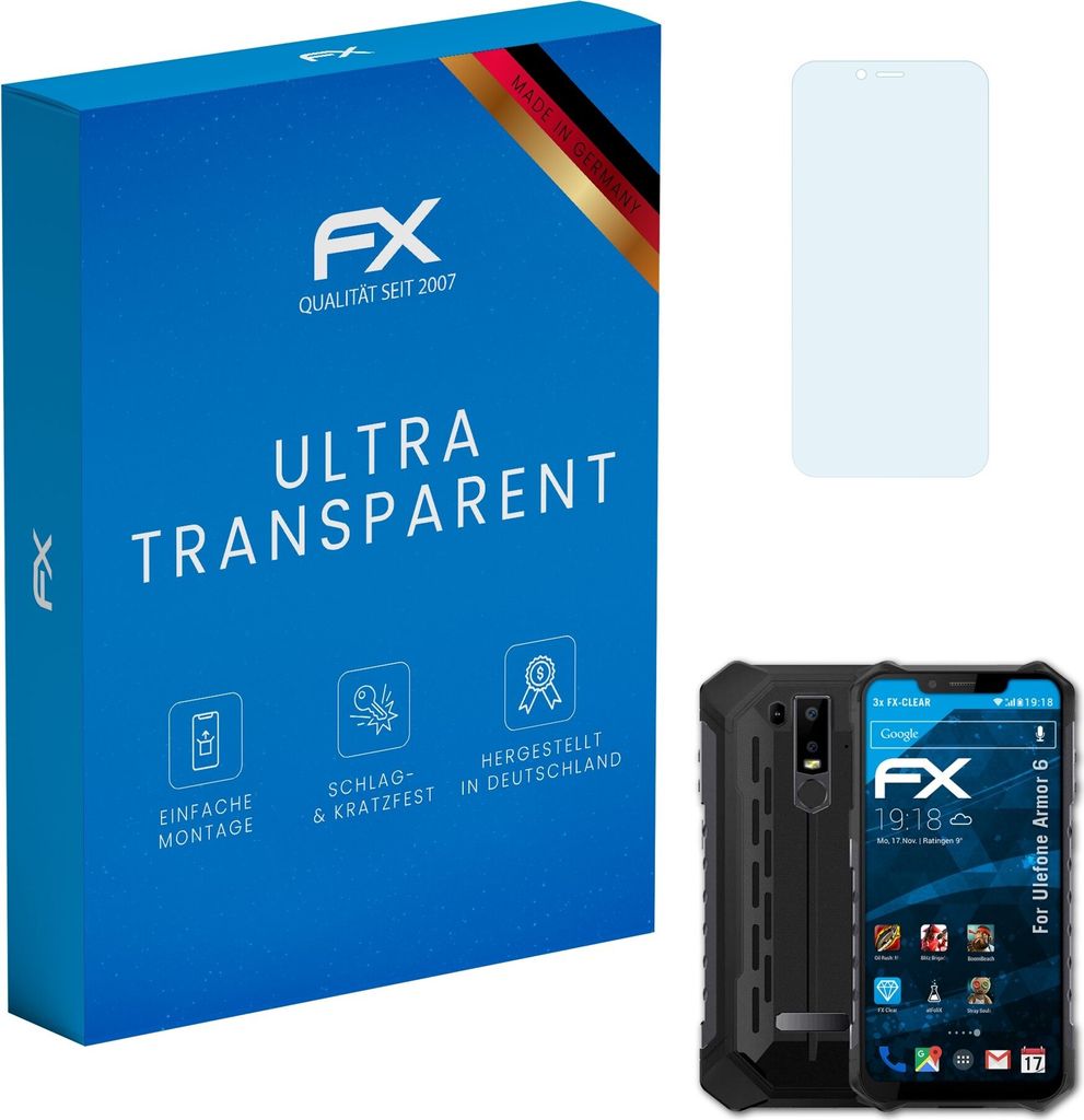atFoliX FX-Clear 3x Schutzfolie kompatibel mit Ulefone Armor 6 Displayschutzfolie