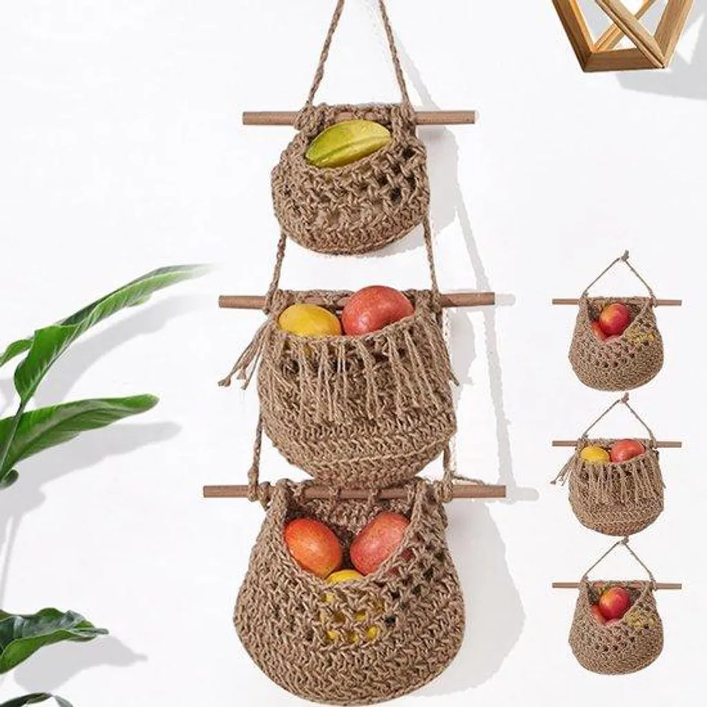 Corbeille à fruits suspendue 3 niveaux marron pour rangement de cuisine