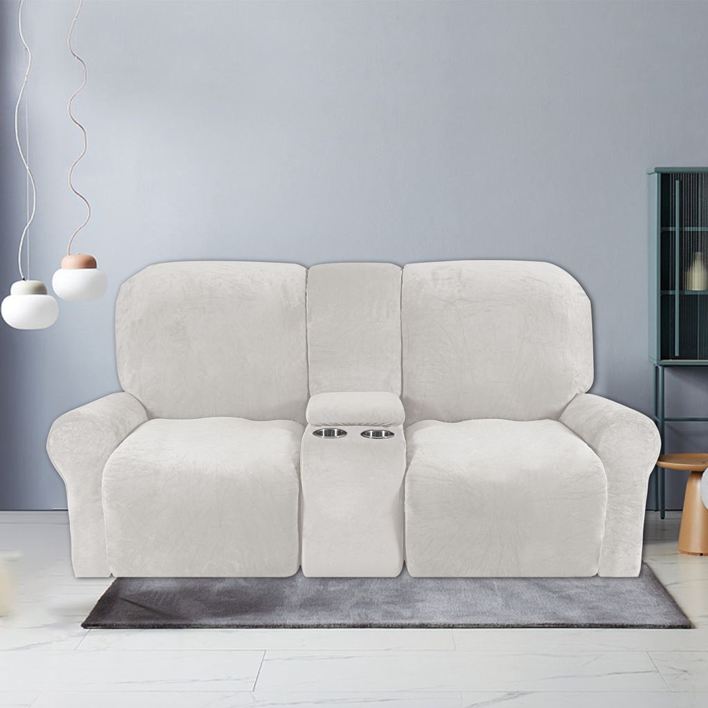 8-teiliger Stretch Samt Hussen Recliner Sofabezug mit Getränkehaltern,Dicke Plüsch Liegesofa 2-Sitzer Recliner-Abdeckung,Weiß