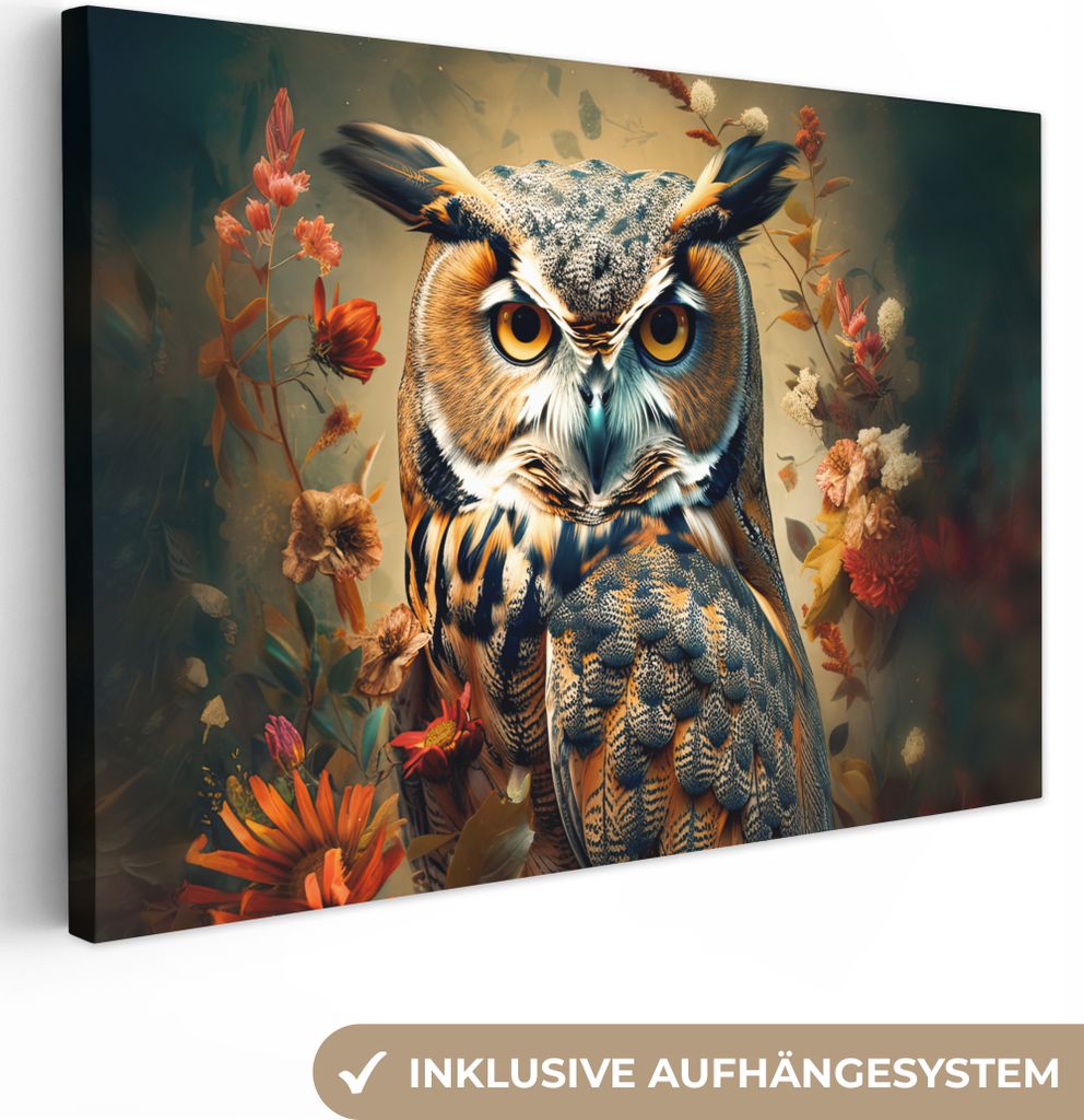 MuchoWow - Leinwandbilder - Eule - Vogel - Blumen - Botanisch, Wandbild, Wanddeko Bilder Wohnzimmer, 90x60 cm