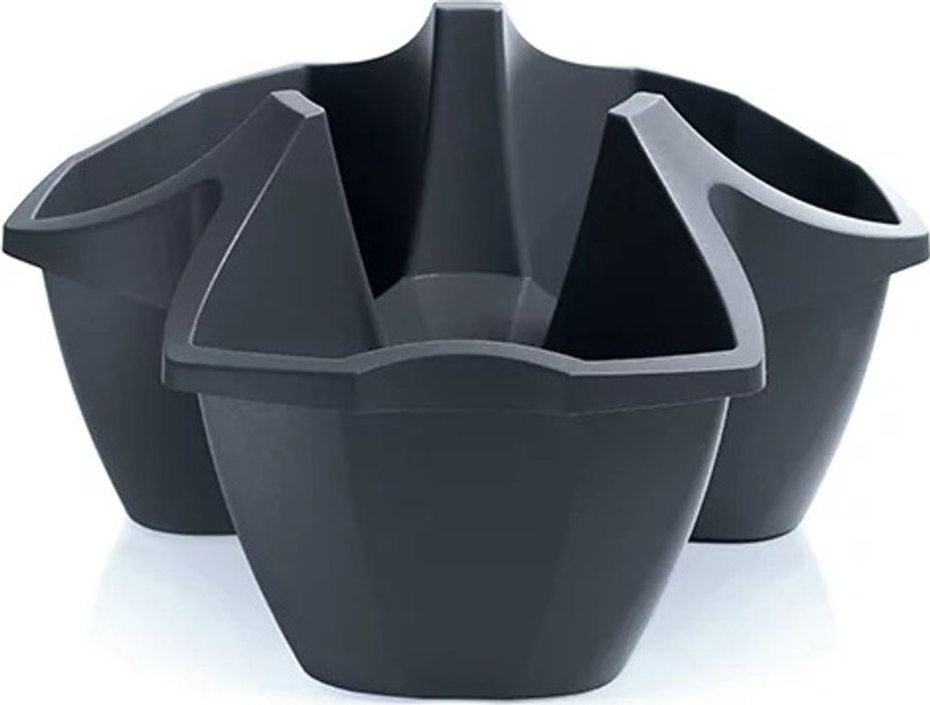 Three dark gray plastic planters are arranged in a cluster against a white background.