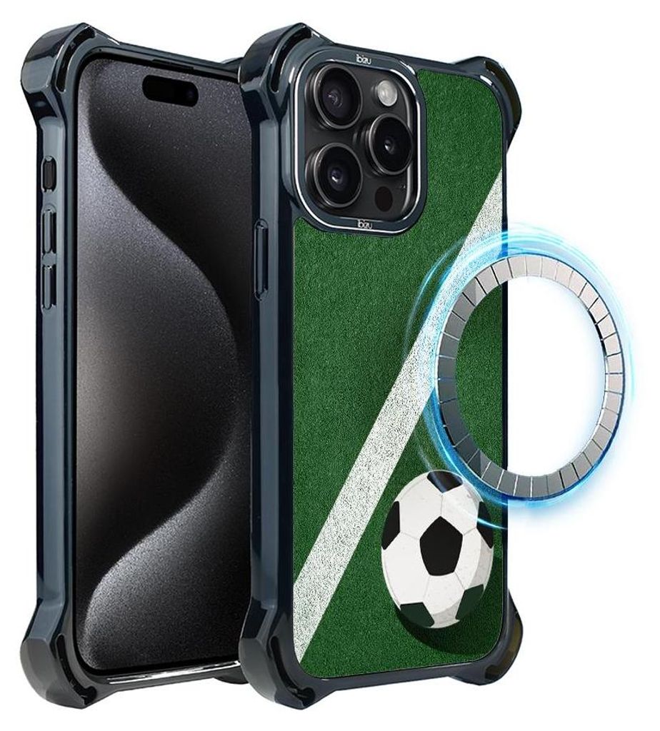 Schutzhülle für das iPhone 15 Pro, MagSafe-kompatibel, verstärkte Ecken, schwarz, Fußball, Spielfeld