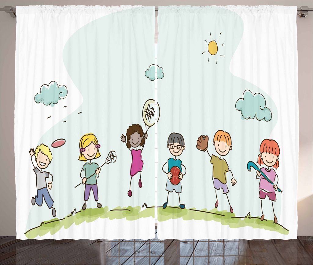 ABAKUHAUS Sport Rustikaler Gardine, Cartoon Tag in Park, Schlafzimmer Kräuselband Vorhang mit Schlaufen und Haken, 280 x 175 cm, Mehrfarbig