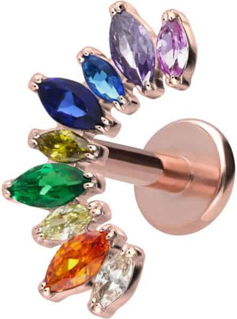 Ohrpiercing, Nasenpiercing Titan Labret mit Innengewinde BUNTER KRISTALLBOGEN RoséGold Stablänge: 8mm | Stabstärke: 1,6mm
