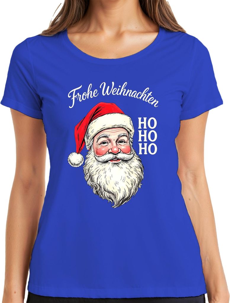 Frohe Weihnachten Weihnachtsmann HO HO HO Retro Nikolaus Geschenk Damen T-Shirt, Blau, 3XL