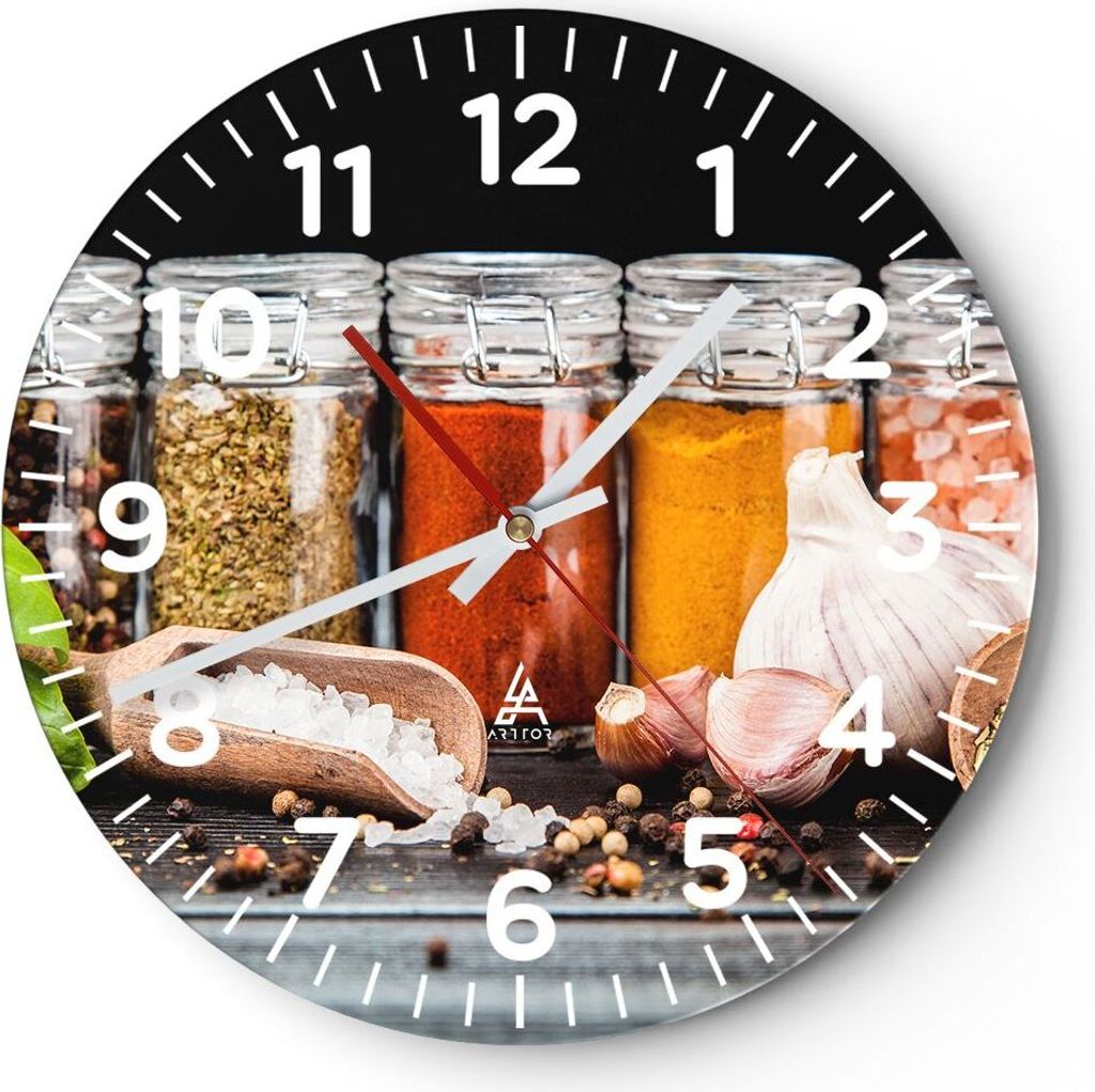 Wanduhr - Rund - Glasuhr - Gewürze Knoblauch Holz Salz - 30x30cm - Schleichendes Uhrwerk - Lautlos - zum Aufhängen bereit - Dekoration Modern - W...