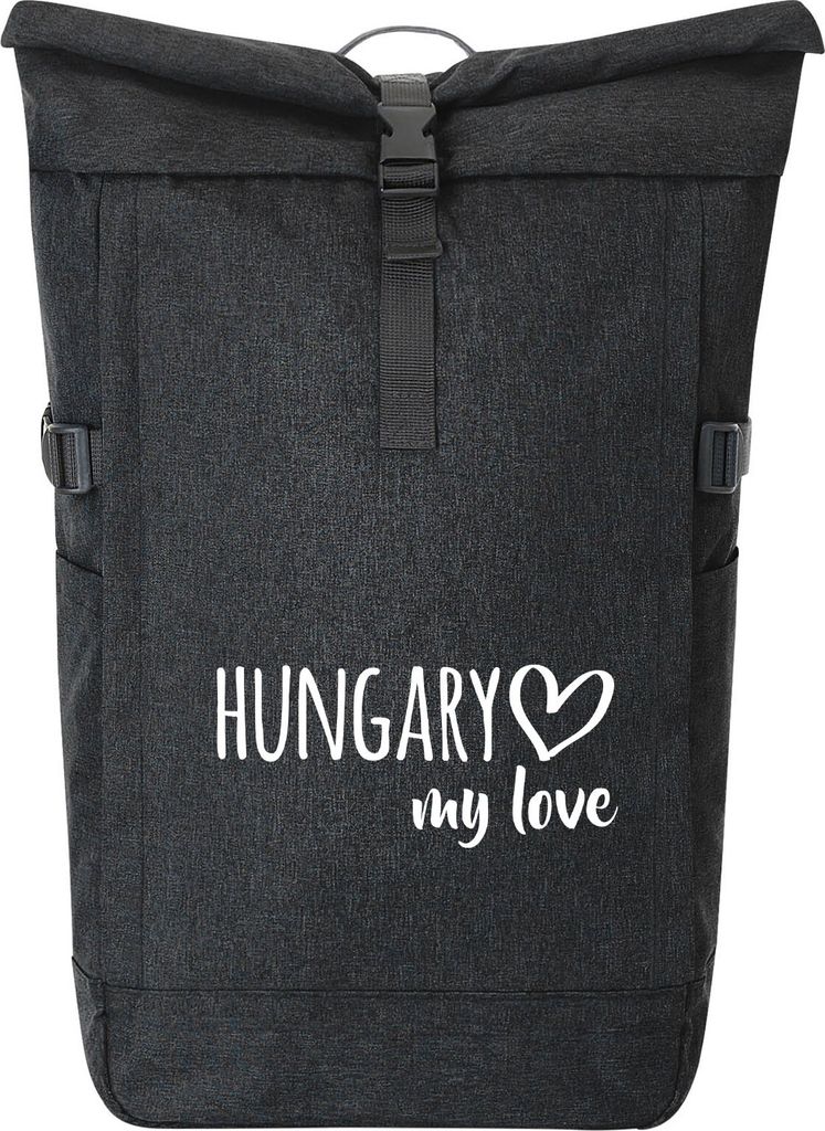 Huuraa Kurierrucksack Hungary my love 30-44 Liter Black Melange Fairtrade Rolltop Rucksack Geschenkidee