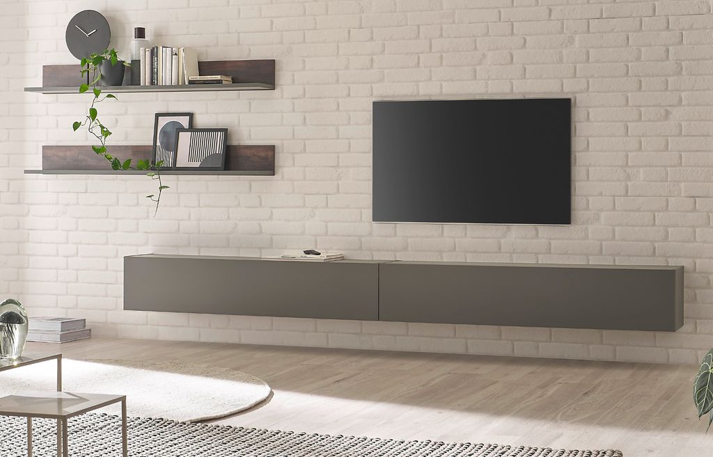 Wohnwand "Piano" in Eiche und grau Wohnkombination 4-teilig 380 x 170 cm