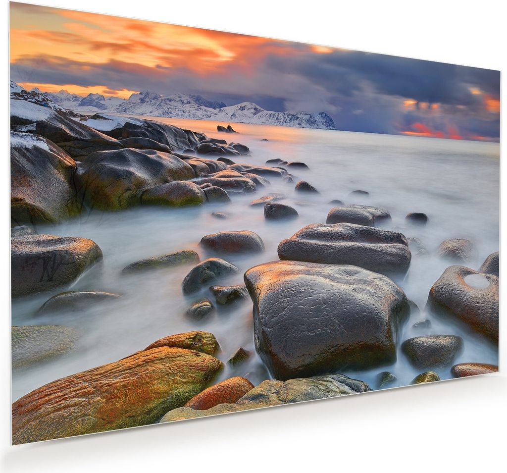 Glasbild Wandbild Norwegische Lofoten Sonnenuntergang 90x60cm in XXL für Wohnzimmer, Schlafzimmer, Badezimmer, Flur