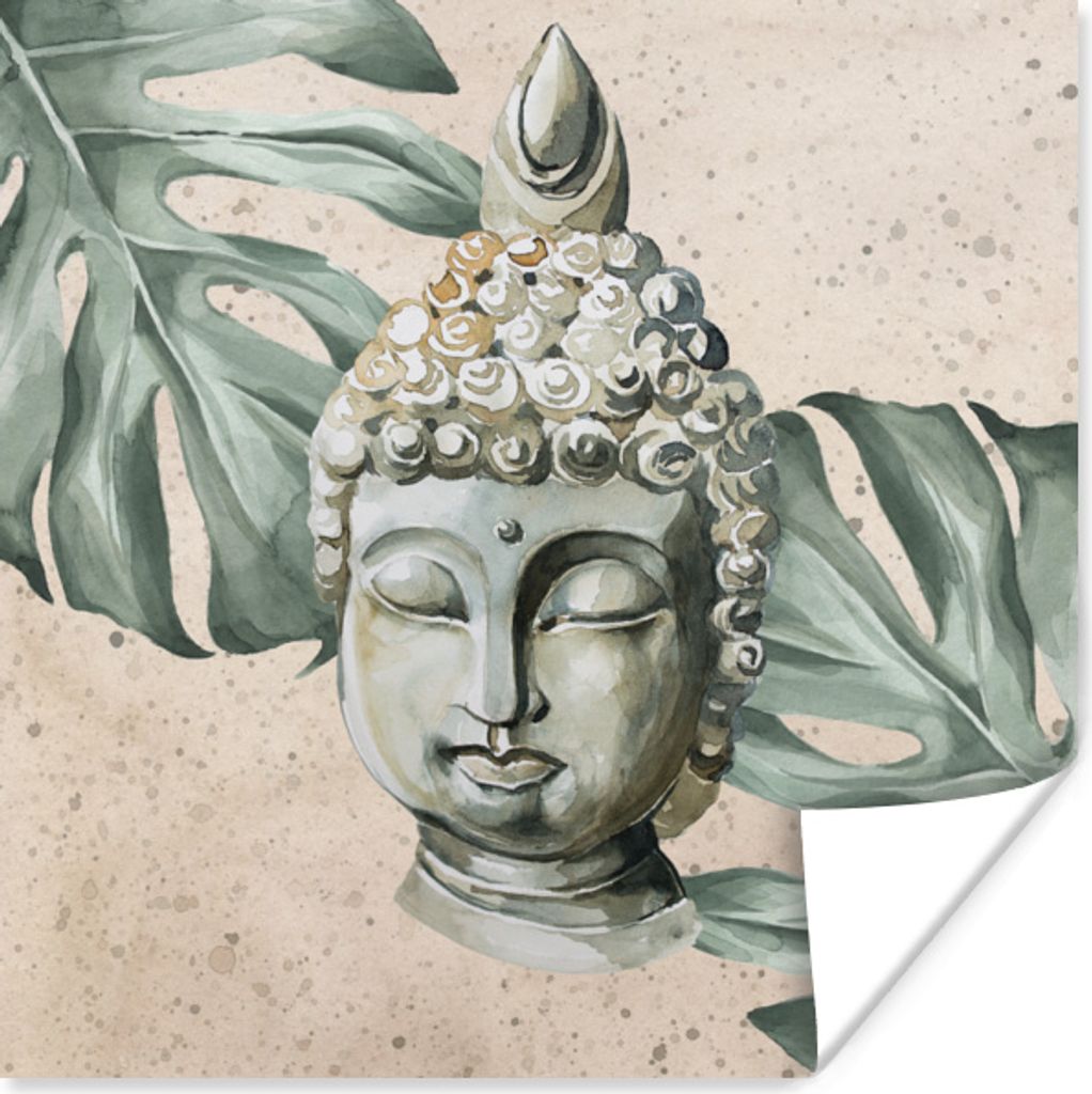 MuchoWow Poster Buddha - Kopf - Blätter 30x30 cm - Wandposter - Printing