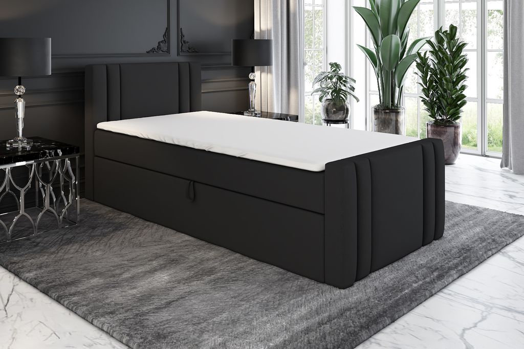 Boxspringbett, Jugendbett KLAUS 80x200 (Rechts) mit Bettkästen, Bonell-Matratze und Topper. Farbe: Schwarz.