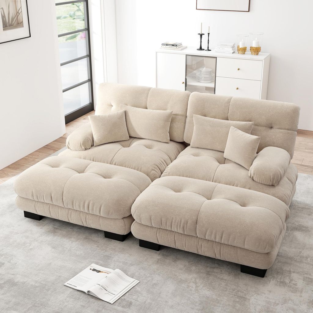 MODFU Zweisitzer Polstersofa mit mit 2 Lendenkissen und 2 Dekokissen,Loungesofa Chenille,mit 2 Ottoman,Modulares Sofa,Hellbraun