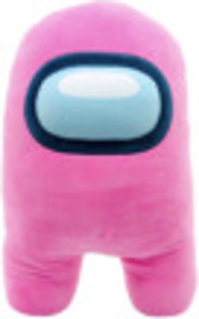 A pink plush toy of a character from the game Among Us.