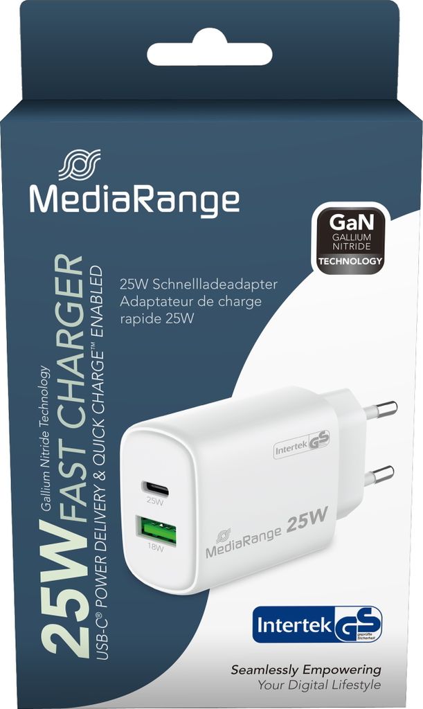 The image shows the packaging of a white MediaRange 25W fast charger with a USB-C and USB-A port.