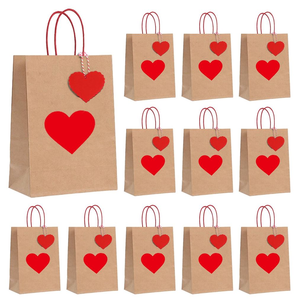 Kraftpapiertüten mit rotem Herzmotiv, umweltfreundliche Geschenktüten mit Herzanhängern und Hanfseil – ideal für Hochzeiten, Geburtstage, Mut...