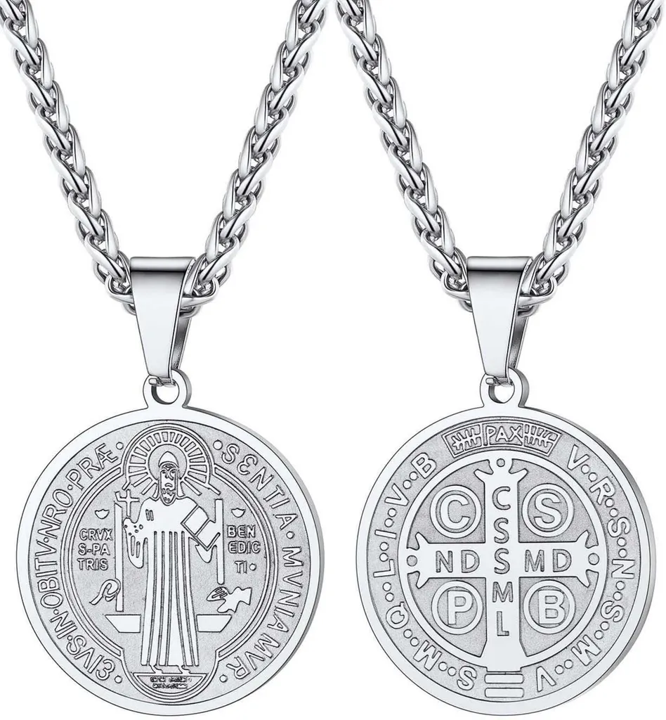 Collier Médaille Saint Benoît Inoxydable 316L Argenté Anti-Ternissement