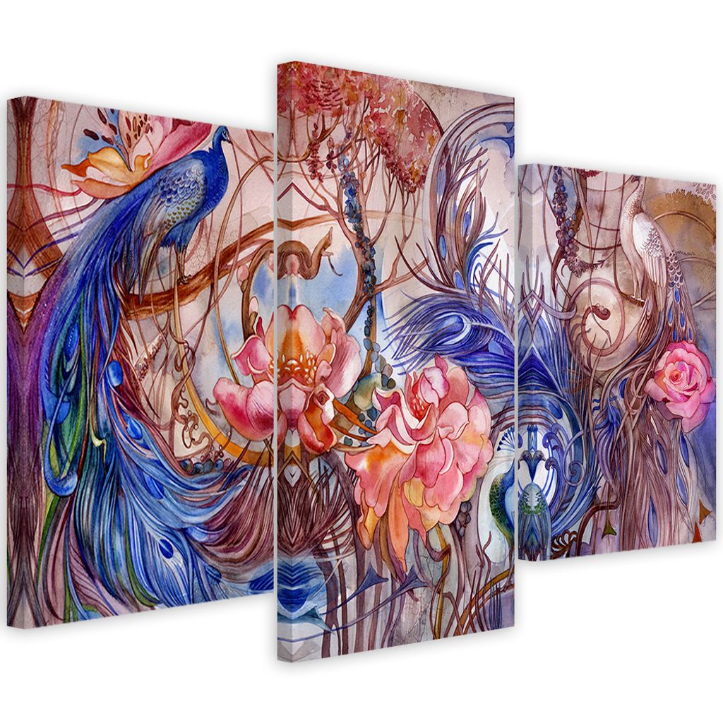 Triptychon auf leinwand magischer pfau 90x60 cm Feeby blau wandbild bereit zum aufhängen