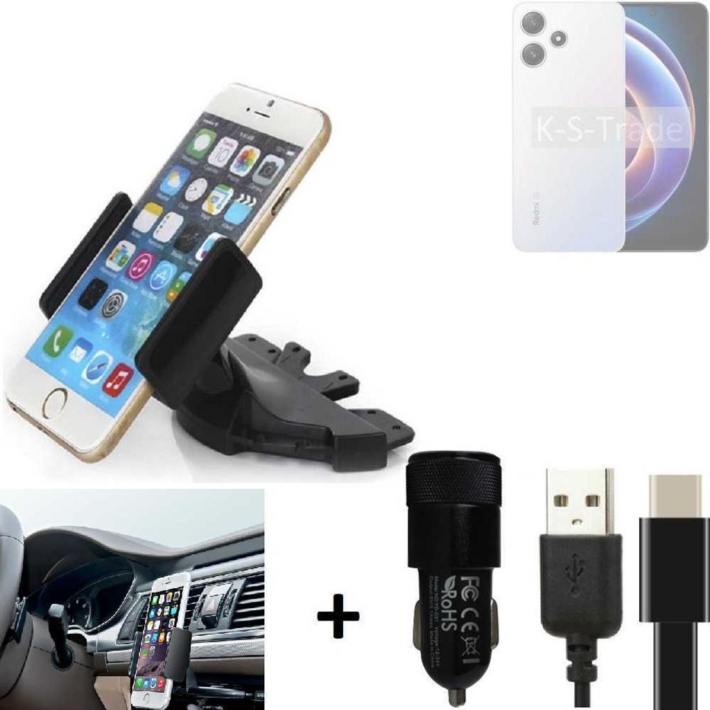 K-S-Trade CD Schlitz Handy-Halterung kompatibel mit Xiaomi Redmi Note 12R Autohalterung KFZ-Halter Radio Handy Halterung 360° drehbar CD-Schacht