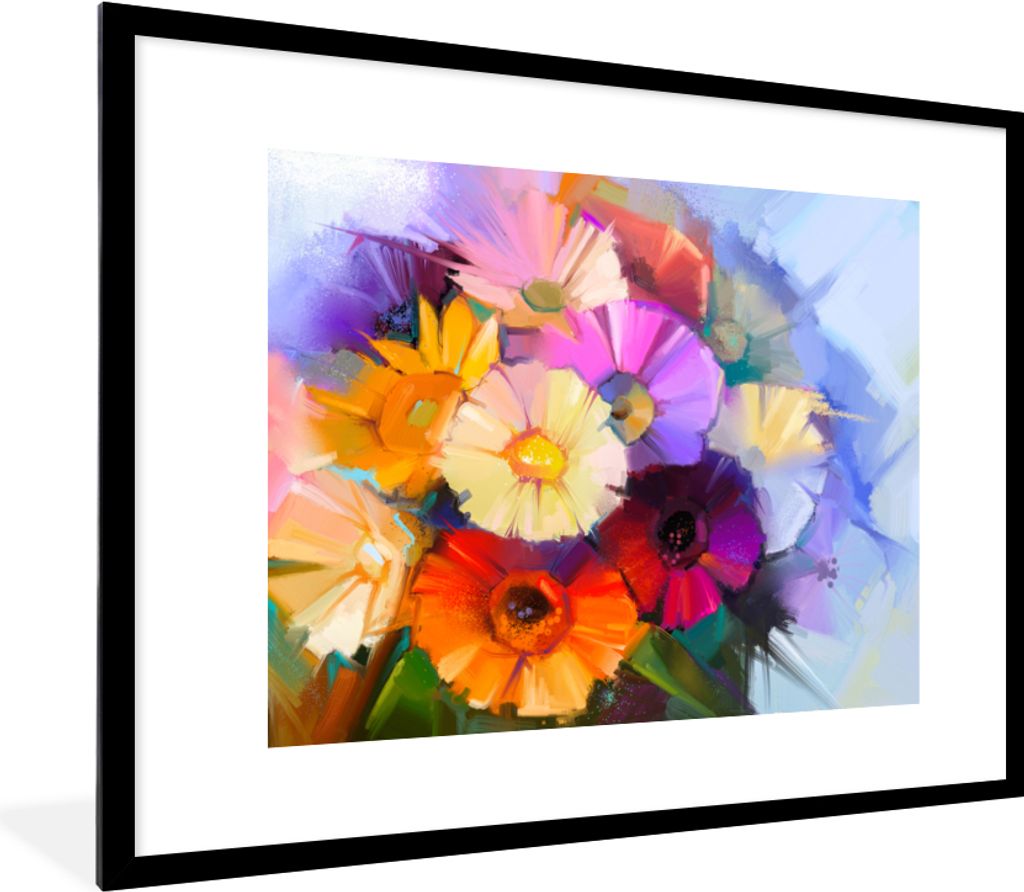 MuchoWow MuchoWow Gerahmtes Poster Ölfarbe - Farben - Blumen 80x60 cm - Poster mit zchwarzem Bilderrahmen - Schlafzimmer-Dekorationen - Fotopo...