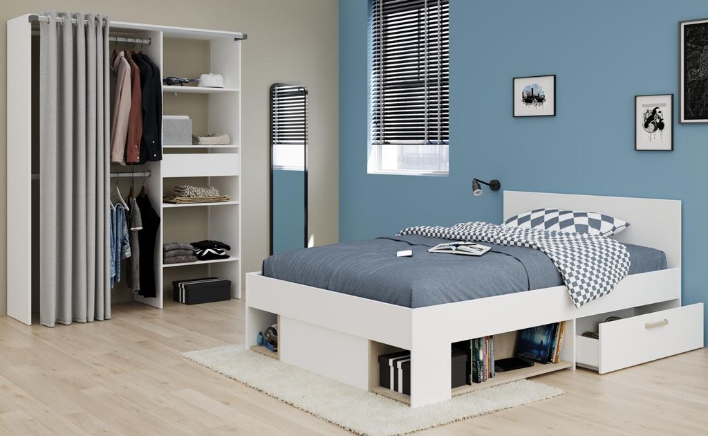 Kinder- und Jugendzimmer "Mika" in weiß und Eiche Set 2-teilig, Stauraumbett und Kleiderschrank