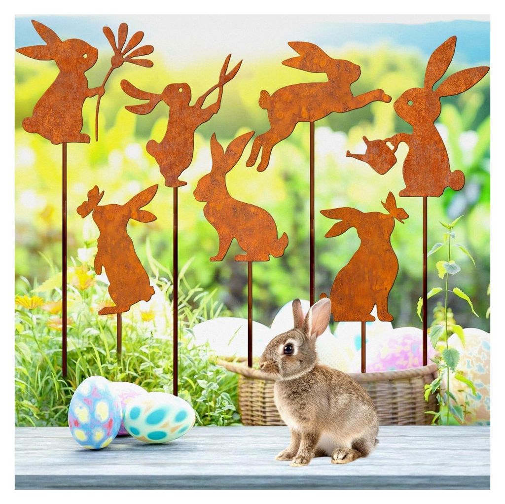 7-teiliges Set Gartenstecker in Hasenform aus Rost für Ostern
