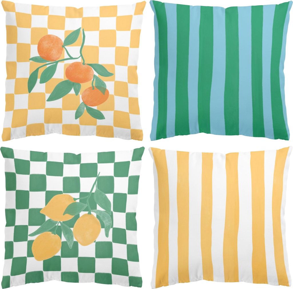 Dekokissen 4-teilig Kulinarisch draußen / Outdoor Zierkissen waschbar Obst gelb Vintage Sofakissen ohne Füllung